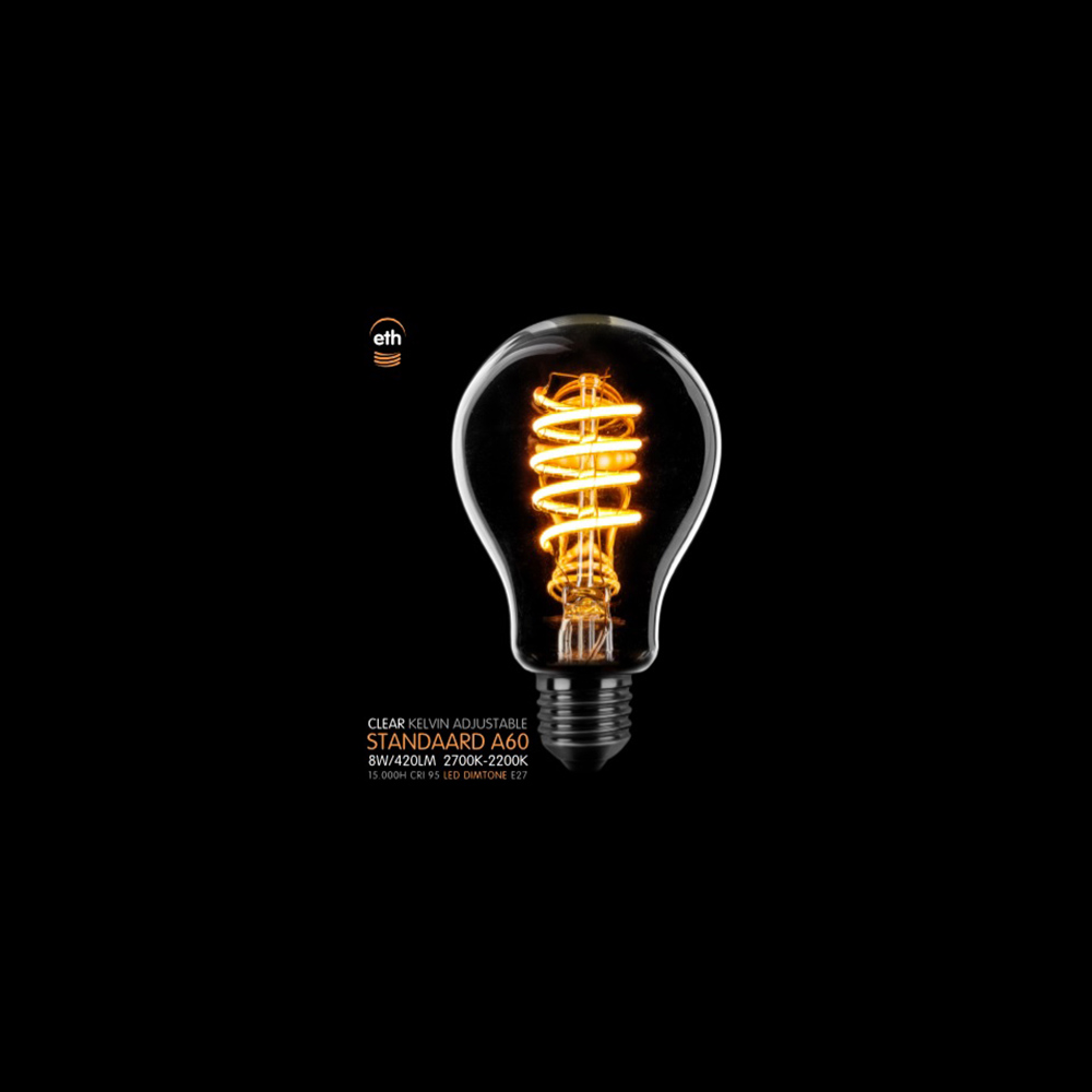Eth Led Spiral Standard - E27 - Dimtone - 8W - 2700K Tot 2200K - Transparant