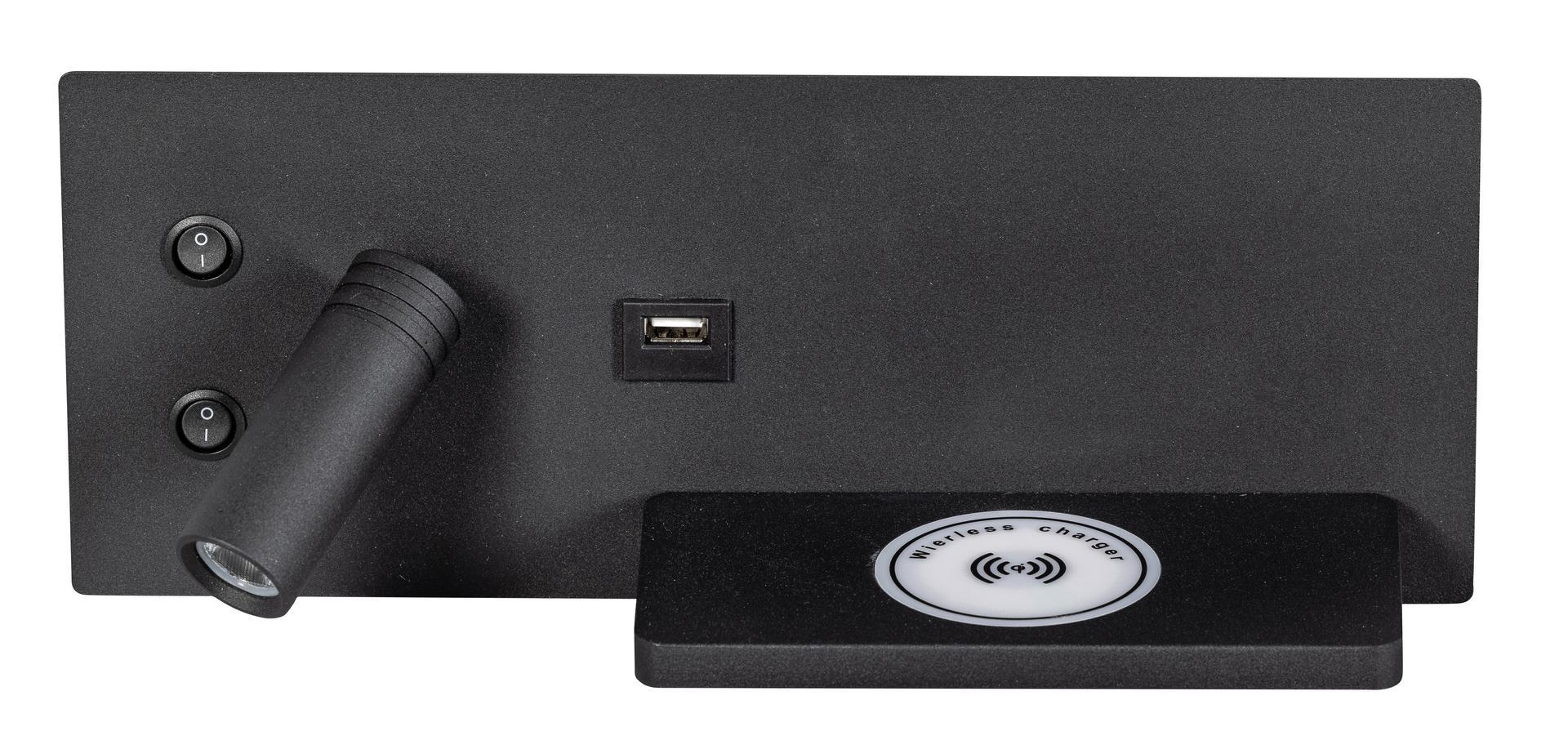 Eth Nighty Left - Wandlamp Met Dubbele Schakelaar En Usb En Draadloos Opladen - 30 X 3 X 12 Cm - 7W Led Incl. - Zwart