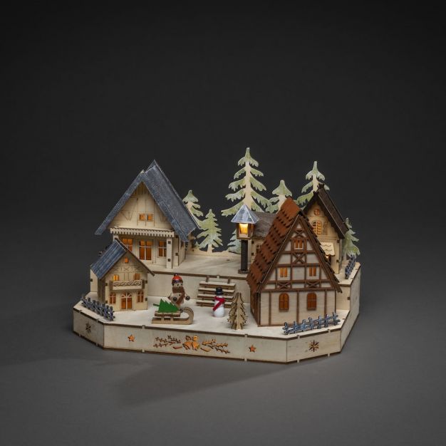 Konstsmide kerstverlichting - houten dorpje op batterijen - 30 x 20 x 20 cm - bruin