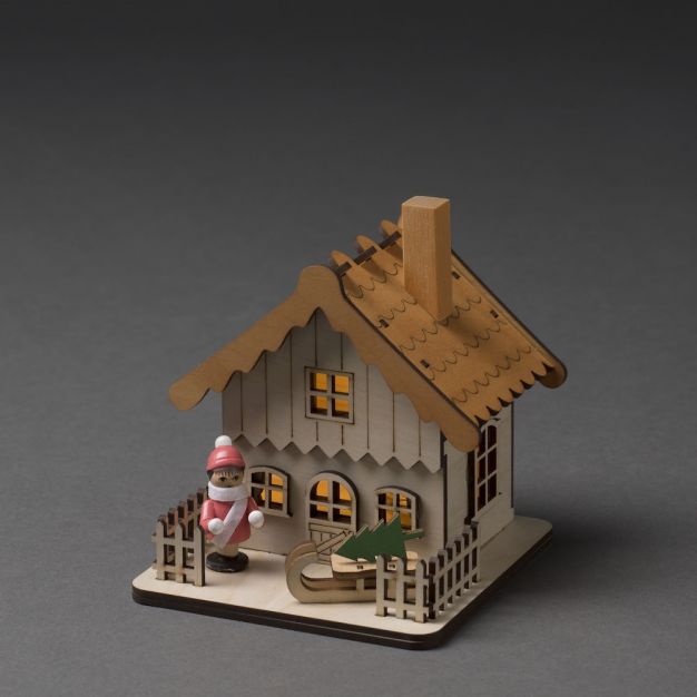 Konstsmide kerstverlichting - houten huis op batterijen - 12 x 11 x 12 cm - bruin