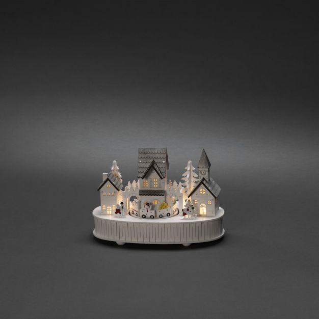 Konstsmide kerstverlichting - houten huis en kerk op batterijen - met muziek - 22 x 12 x 15,5 cm - wit