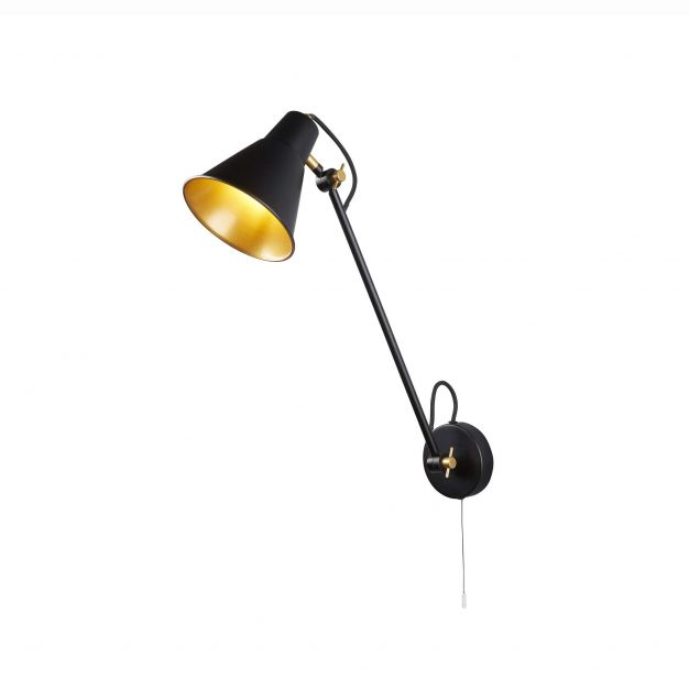 Searchlight Adjustable Wall Lights - wandverlichting met trekschakelaar - 14 x 39 cm - mat zwart en goud