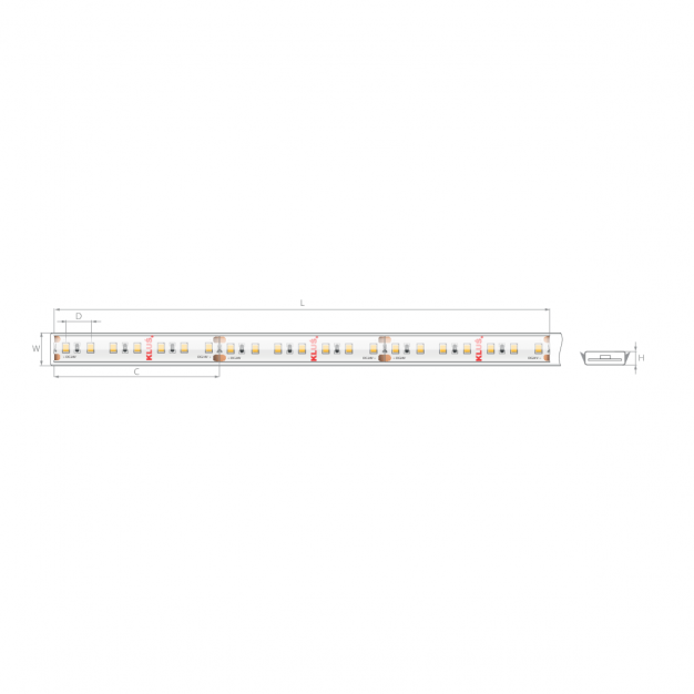 KLUS LED strip - 1cm breed, 500cm lengte - 24Vdc - dimbaar - 9,6W LED per meter - 140 LEDs per meter - IP65 - 2700K