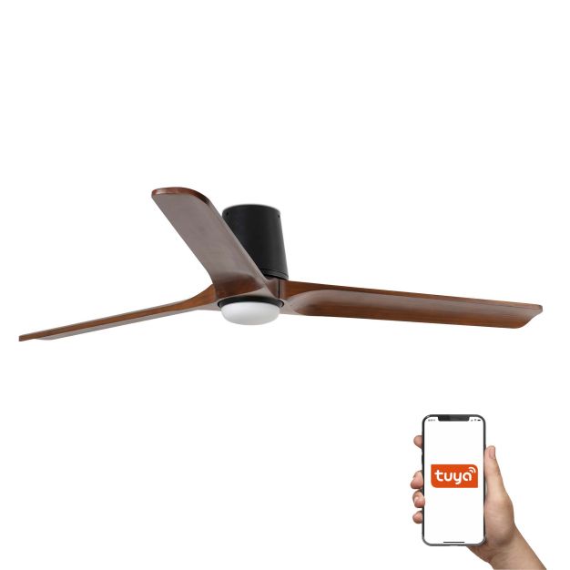 Faro Heywood Tub L Tuya Smart - plafondventilator met licht en afstandsbediening - Ø 132 x 23,2 cm - mat zwart en donker walnoot