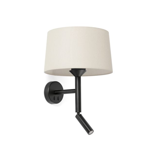 Faro Windsor - wandlamp met leeslamp - Ø 29 x 49,9 x 26,5 cm - mat zwart en linnen