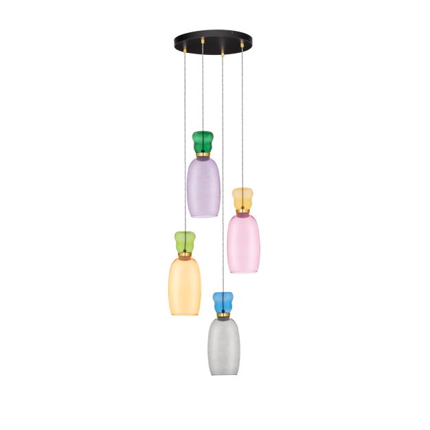 Nova Luce Pluma - hanglamp - Ø 42 x 150 cm - 36W LED incl. - goud, glanzend jaspis, paars, geel, roze, lichtgroen, lichtblauw en cyaan glas
