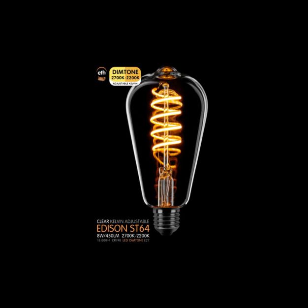ETH LED Spiral Edison - E27 - dimtone - 8W - 2700K tot 2200K - transparant