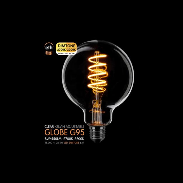 ETH LED Spiral Globe - Ø 9,5 cm - E27 - dimtone - 6W - 2700K tot 2200K - transparant