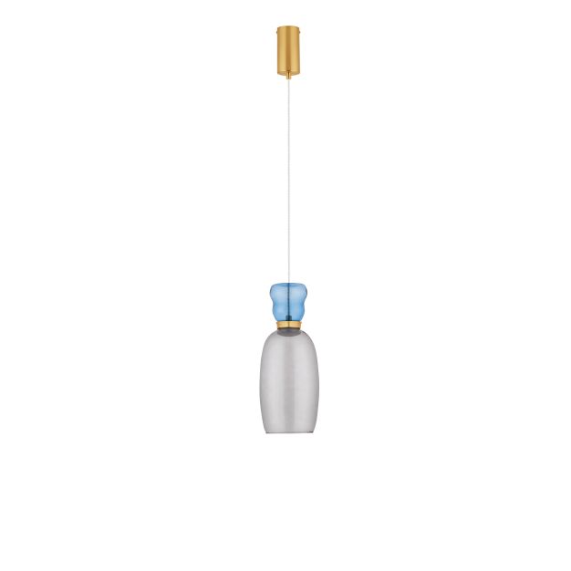Nova Luce Pluma - hanglamp - Ø 15 x 179 cm - 9W LED incl. - goud, glanzend lichtblauw en rokerig glas