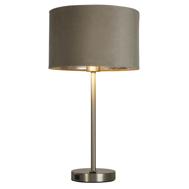 Searchlight Finn - tafellamp met usb-poort - Ø 28 x 54 cm - satijn nikkel, zilver en taupe