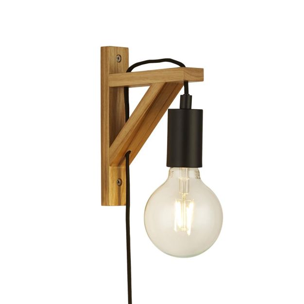 Searchlight Woody - stekkerwandlamp - 4,3 x 20 cm - zwart en bruin