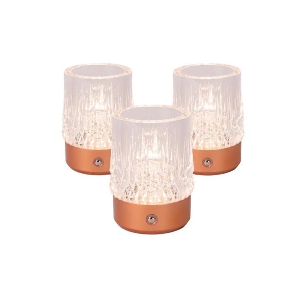 Lucide Lili - set van 3 oplaadbare tafellampen - Ø 8 x 10,3 cm - 3W dimbare LED incl. - koper
