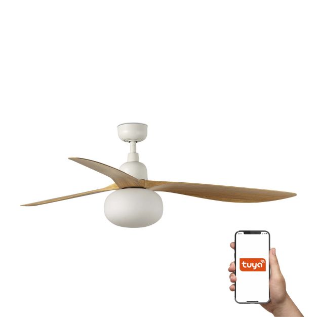 Faro Outwood L Tuya Smart - plafondventilator met licht en afstandsbediening - Ø 150 cm x 43 cm - IP44 -  mat wit en eiken