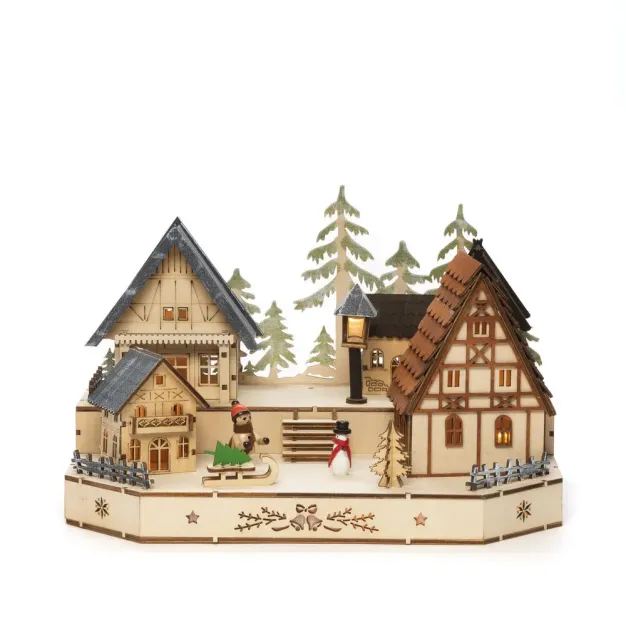 Konstsmide kerstverlichting - houten dorpje op batterijen - 30 x 20 x 20 cm - bruin
