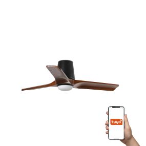 Faro Heywood Tub S Tuya Smart - plafondventilator met licht en afstandsbediening - Ø 90 x 23,2 cm - mat zwart en donker walnoot