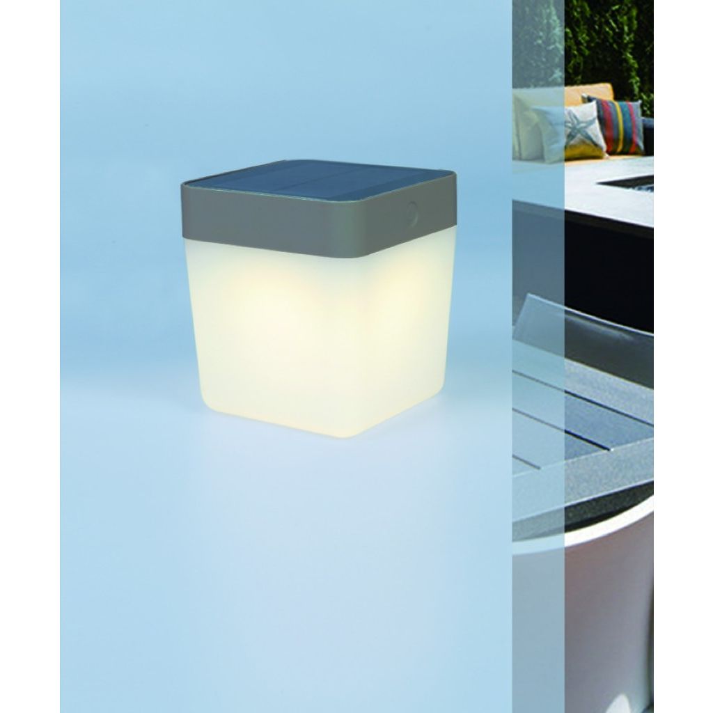 Stout India Marxisme Lutec Table Cube - buiten tafellamp op zonne-energie - 12 x 12 x 13 cm - 3  stappen dimmer - 1W LED incl. - IP44 - zilver grijs | Lichtkoning