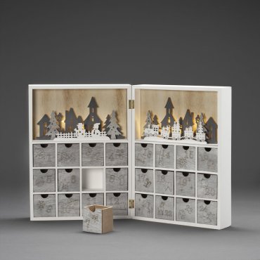 Konstsmide kerstverlichting - houten adventkalender op batterijen - 27,5 x 36,5 x 11 cm - wit