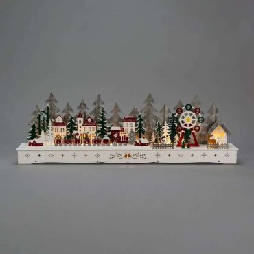 Konstsmide kerstverlichting - houten dorpje kerstman op batterijen - 78 x 25 x 9 cm - wit