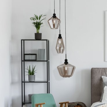 Searchlight Mia - hanglamp - Ø 51 x 150 cm - mat zwart en gerookt glas