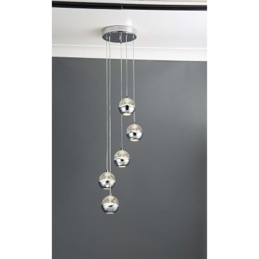 Searchlight Ice Ball - hanglamp - Ø 26 x 102 cm - 5 x 6W dimbare LED incl. - chroom en transparant
