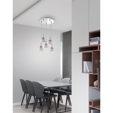 Nova Luce Boccale - hanglamp - Ø 30 x 120 cm - 5 x 33W halogeen incl. - chroom en transparant