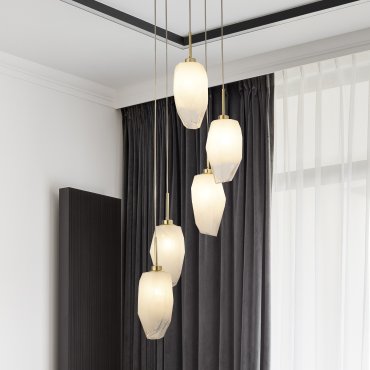 Searchlight Rocky - hanglamp - Ø 32 x 120 cm - satijn messing en wit