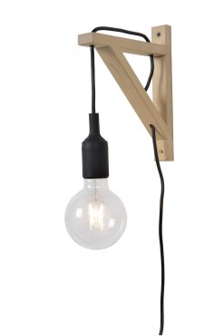 Lucide Fix - wandlamp met schakelaar op kabel - 3,2 x 19 x 22 cm - zwart en lichthout