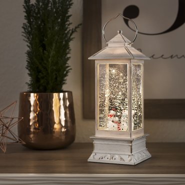 SHOWROOMMODEL - Konstsmide kerstverlichting - decoratieve lantaarn met sneeuwpoppen op batterijen - 10,5 x 10,5 x 27,5 cm - wit