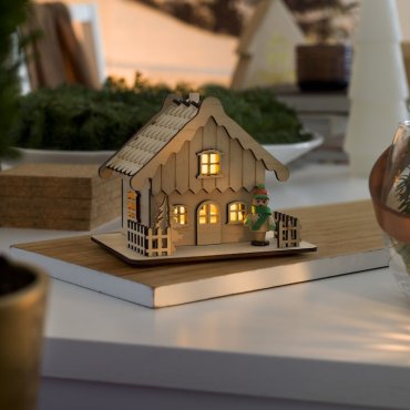 Konstsmide kerstverlichting - houten huis op batterijen - 12 x 11 x 12 cm - bruin