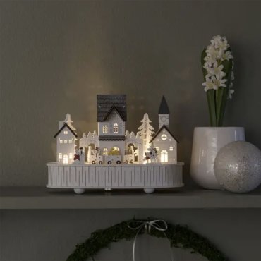 SHOWROOMMODEL - Konstsmide kerstverlichting - houten huis en kerk op batterijen - met muziek - 22 x 12 x 15,5 cm - wit