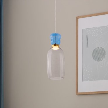 Nova Luce Pluma - hanglamp - Ø 15 x 179 cm - 9W LED incl. - goud, glanzend lichtblauw en rokerig glas