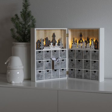 Konstsmide kerstverlichting - houten adventkalender op batterijen - 27,5 x 36,5 x 11 cm - wit
