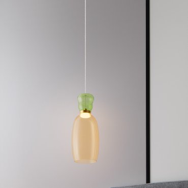 Nova Luce Pluma - hanglamp - Ø 15 x 179 cm - 9W LED incl. - goud, glanzend lichtgroen en geel glas