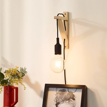 Lucide Fix - wandlamp met schakelaar op kabel - 3,2 x 19 x 22 cm - zwart en lichthout