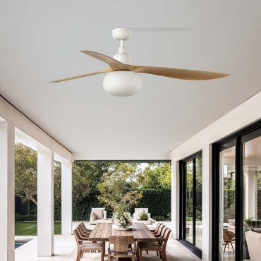 Faro Outwood L - plafondventilator met licht - Ø 150 cm - IP44 - mat wit en eiken