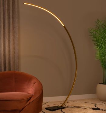 Lucide Curve - staanlamp - 140,4 x 22 x 192 cm - 15W LED met dimfunctie incl. - zwart en messing