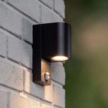 Lucide Zaro Round - buiten wandlamp met sensor - 7 x 10,4 x 17 cm - IP65 - zwart