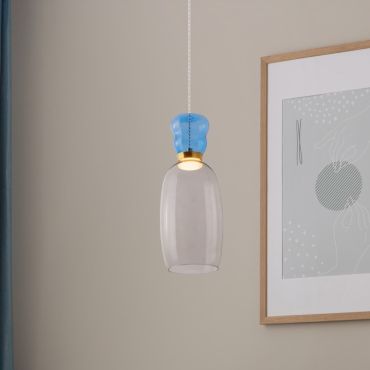 Nova Luce Pluma - hanglamp - Ø 15 x 179 cm - 9W LED incl. - goud, glanzend lichtblauw en rokerig glas