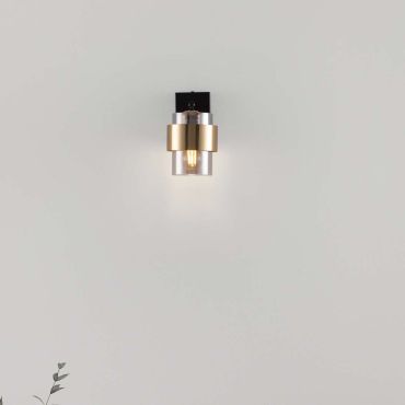Nova Luce Sianna - wandlamp - Ø 10 x 17 cm - rokerig glas, zandzwart en messing goud