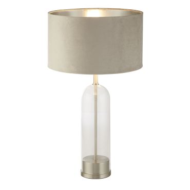 Searchlight Oxford - tafellamp - Ø 38 x 51 cm - satijn nikkel, zilver en taupe