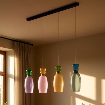 Nova Luce Pluma - hanglamp - 96 x 150 x 15 cm - 36W LED incl. - goud, glanzend jaspis, paars, geel, roze, lichtgroen, lichtblauw en cyaan glas