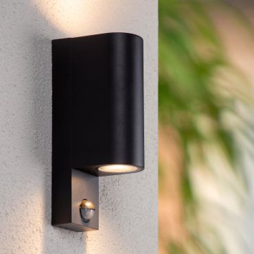 Lucide Zaro Round - buiten wandlamp met sensor - 7 x 10,4 x 23 cm - IP65 - zwart