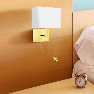 Searchlight Hotel - wandlamp met leeslamp - 20 x 26 cm - E27 + 1,45W LED incl. - satijn messing en wit