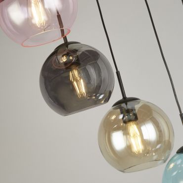 Searchlight Mardi Gras II - hanglamp - Ø 54 x 200 cm - mat zwart en gekleurd glas