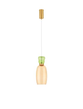 Nova Luce Pluma - hanglamp - Ø 15 x 179 cm - 9W LED incl. - goud, glanzend lichtgroen en geel glas