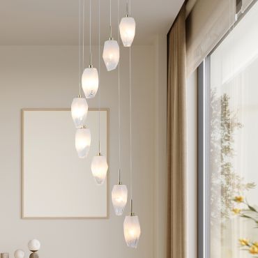 Searchlight Rocky - hanglamp - Ø 32 x 120 cm - satijn messing en wit