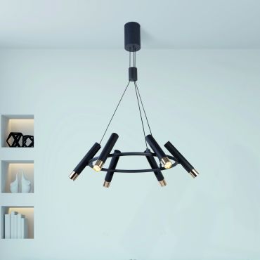 Searchlight Cylinder - hanglamp - Ø 70 x 130 cm - 6 x 3,4W dimbare LED incl. - zwart en goud