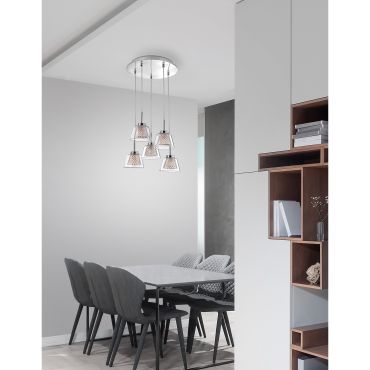 Nova Luce Boccale - hanglamp - Ø 30 x 120 cm - 5 x 33W halogeen incl. - chroom en transparant