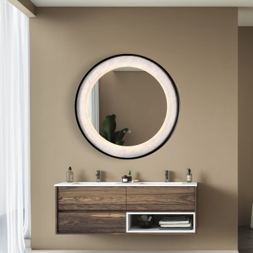 TWEEDEKANS - Searchlight Luxo - spiegel met verlichting - Ø 80 cm - 17W LED incl. - IP44 - mat zwart