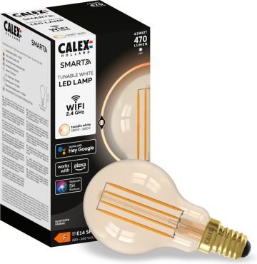 Calex Smart LED lamp - Ø 4,5 x 11 cm - E14 - 4,9W - dimfunctie via app - 1800 tot 3000K - goud